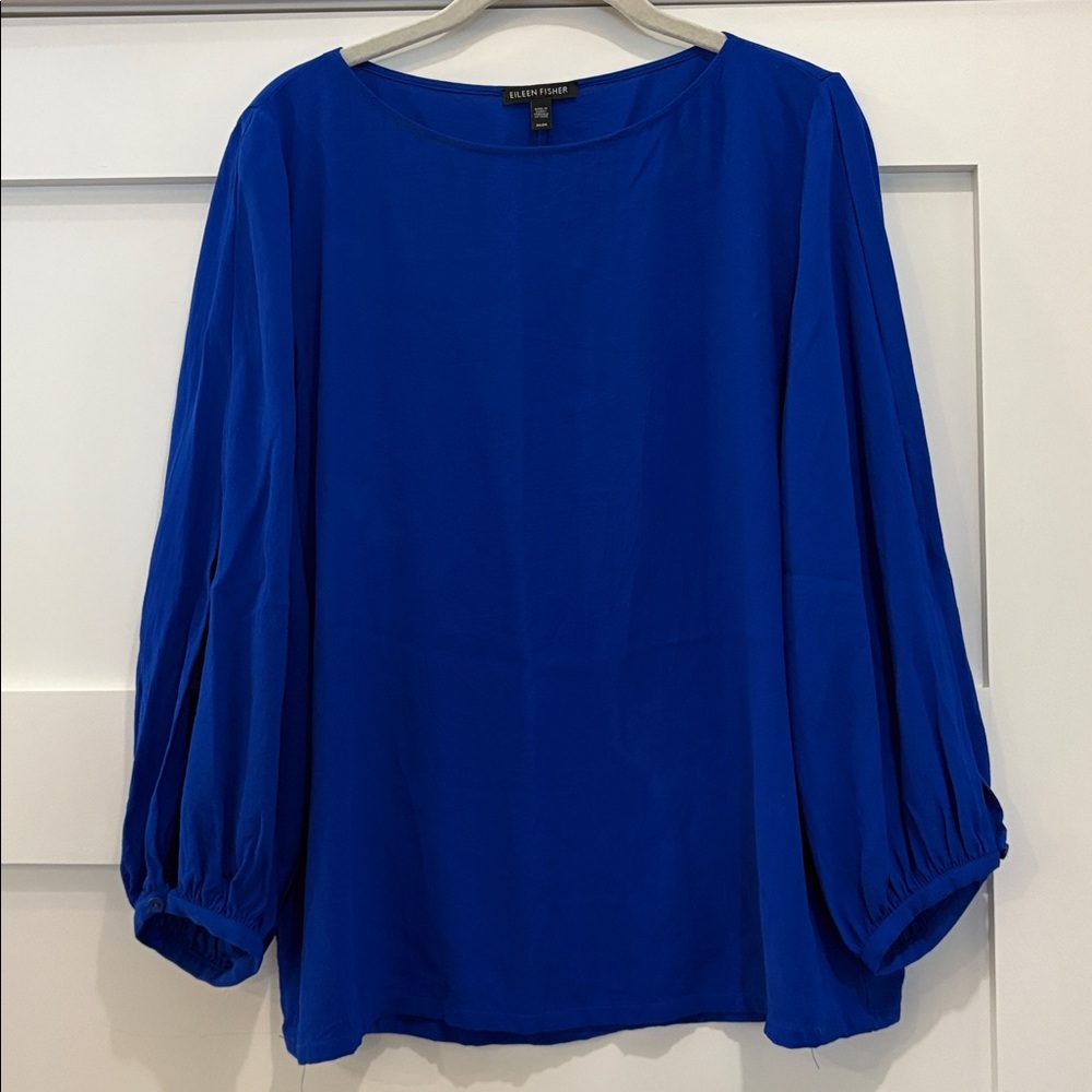 Eileen Fisher Silk Georgette Bateau Slit Sleeve Blouse royal blue medium